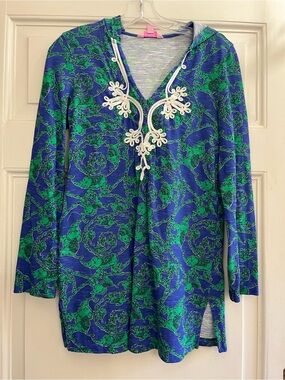 Lilly Pulitzer Blue & Green Floral Hoodie Tunic with White Trim